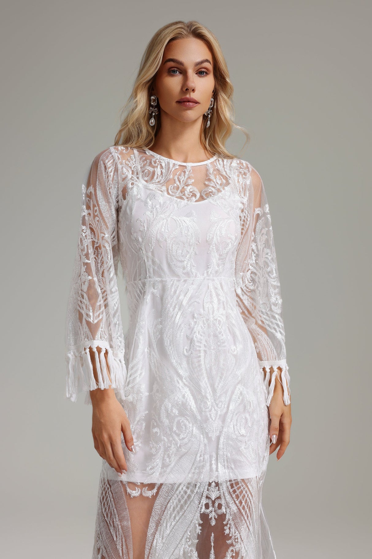 Licia White Embroidered Tassel Hem Dress