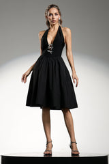 Lidia Black Halter Neckline Bow Detail Cocktail Dress