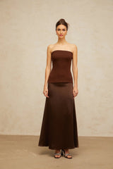 Lilah Maxi Dress Brown Off - Shoulder Satin Panel Movement Flared Hem