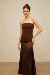 Lilah Maxi Dress Brown Off - Shoulder Satin Panel Movement Flared Hem
