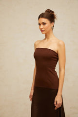 Lilah Maxi Dress Brown Off - Shoulder Satin Panel Movement Flared Hem