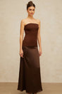 Lilah Maxi Dress Brown Off - Shoulder Satin Panel Movement Flared Hem