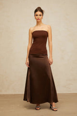 Lilah Maxi Dress Brown Off - Shoulder Satin Panel Movement Flared Hem