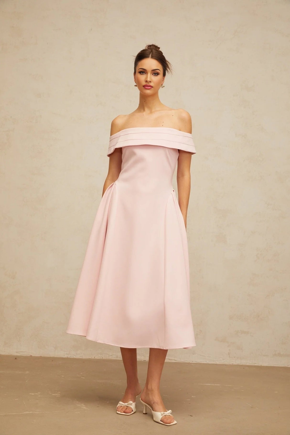 Lilah Midi Dress Pink Off - Shoulder Pleated & Flared