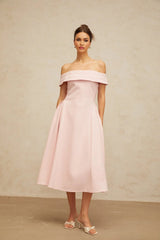 Lilah Midi Dress Pink Off - Shoulder Pleated & Flared