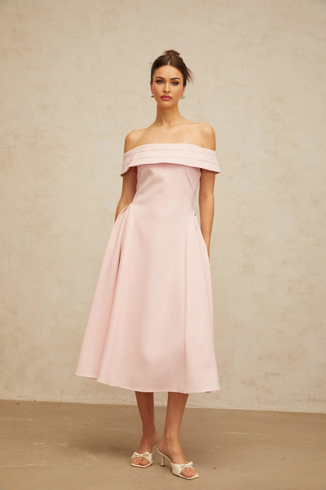 Lilah Midi Dress Pink Off - Shoulder Pleated & Flared