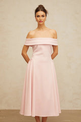 Lilah Midi Dress Pink Off - Shoulder Pleated & Flared