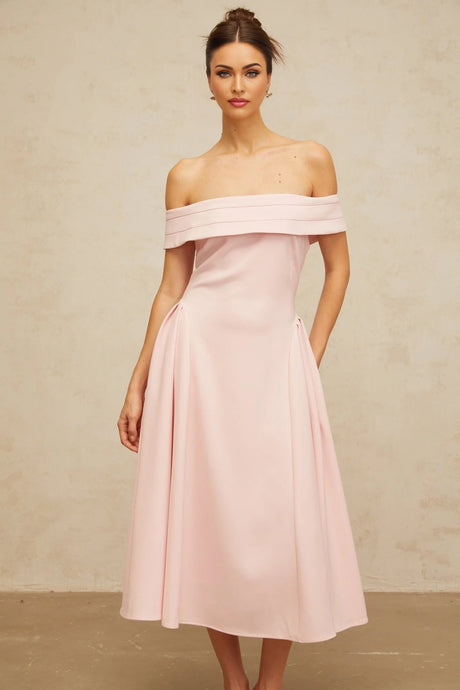 Lilah Midi Dress Pink Off - Shoulder Pleated & Flared