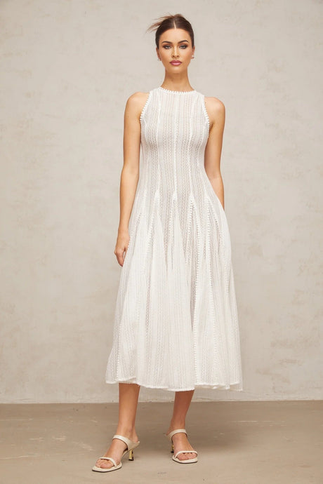 Lilah Midi Dress White Crochet Puff Godet Slip Zip & Flair