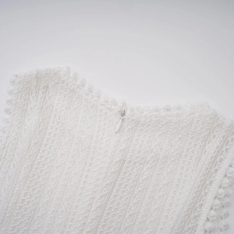 Lilah Midi Dress White Crochet Puff Godet Slip Zip & Flair