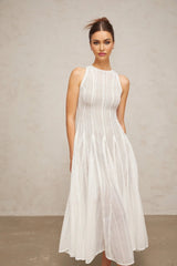 Lilah Midi Dress White Crochet Puff Godet Slip Zip & Flair