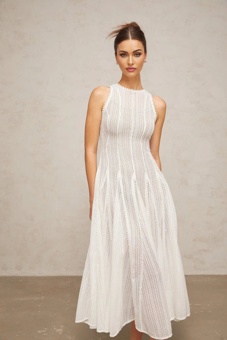 Lilah Midi Dress White Crochet Puff Godet Slip Zip & Flair