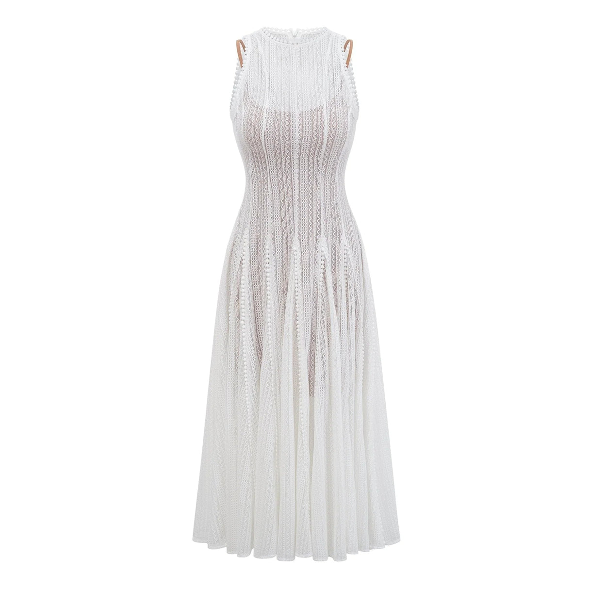 Lilah Midi Dress White Crochet Puff Godet Slip Zip & Flair