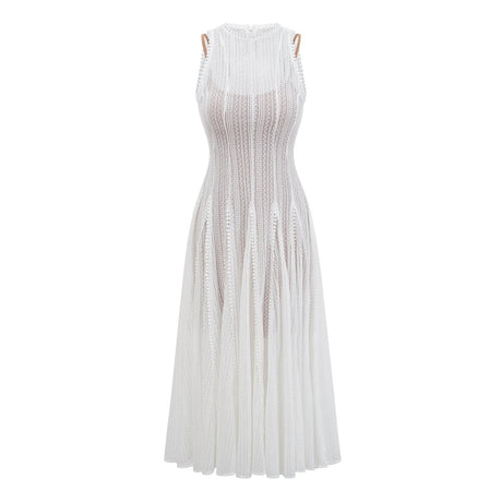 Lilah Midi Dress White Crochet Puff Godet Slip Zip & Flair