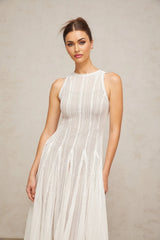 Lilah Midi Dress White Crochet Puff Godet Slip Zip & Flair