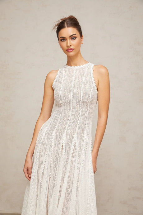 Lilah Midi Dress White Crochet Puff Godet Slip Zip & Flair