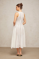 Lilah Midi Dress White Crochet Puff Godet Slip Zip & Flair