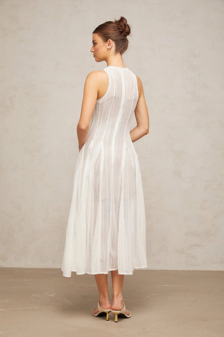 Lilah Midi Dress White Crochet Puff Godet Slip Zip & Flair
