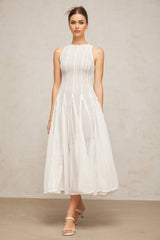 Lilah Midi Dress White Crochet Puff Godet Slip Zip & Flair
