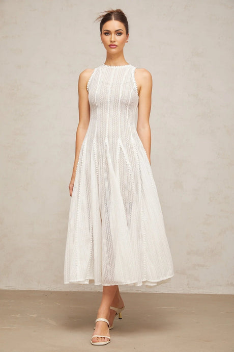 Lilah Midi Dress White Crochet Puff Godet Slip Zip & Flair