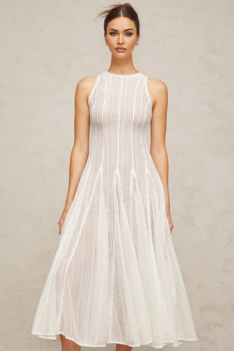 Lilah Midi Dress White Crochet Puff Godet Slip Zip & Flair