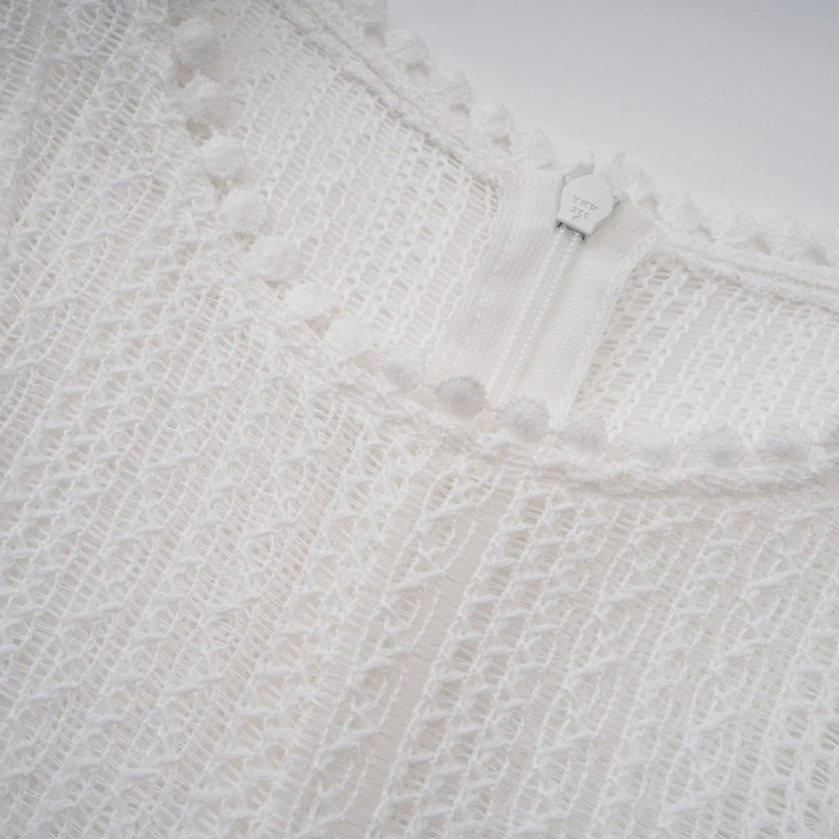 Lilah Midi Dress White Crochet Puff Godet Slip Zip & Flair