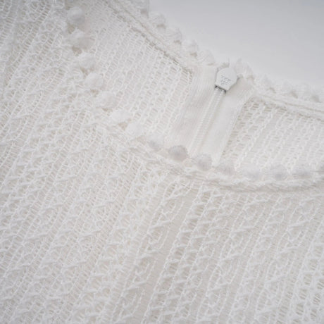 Lilah Midi Dress White Crochet Puff Godet Slip Zip & Flair
