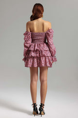 Lilah Pink Floral Layered Mini Dress with Off-Shoulder Neckline and Voluminous Sleeves