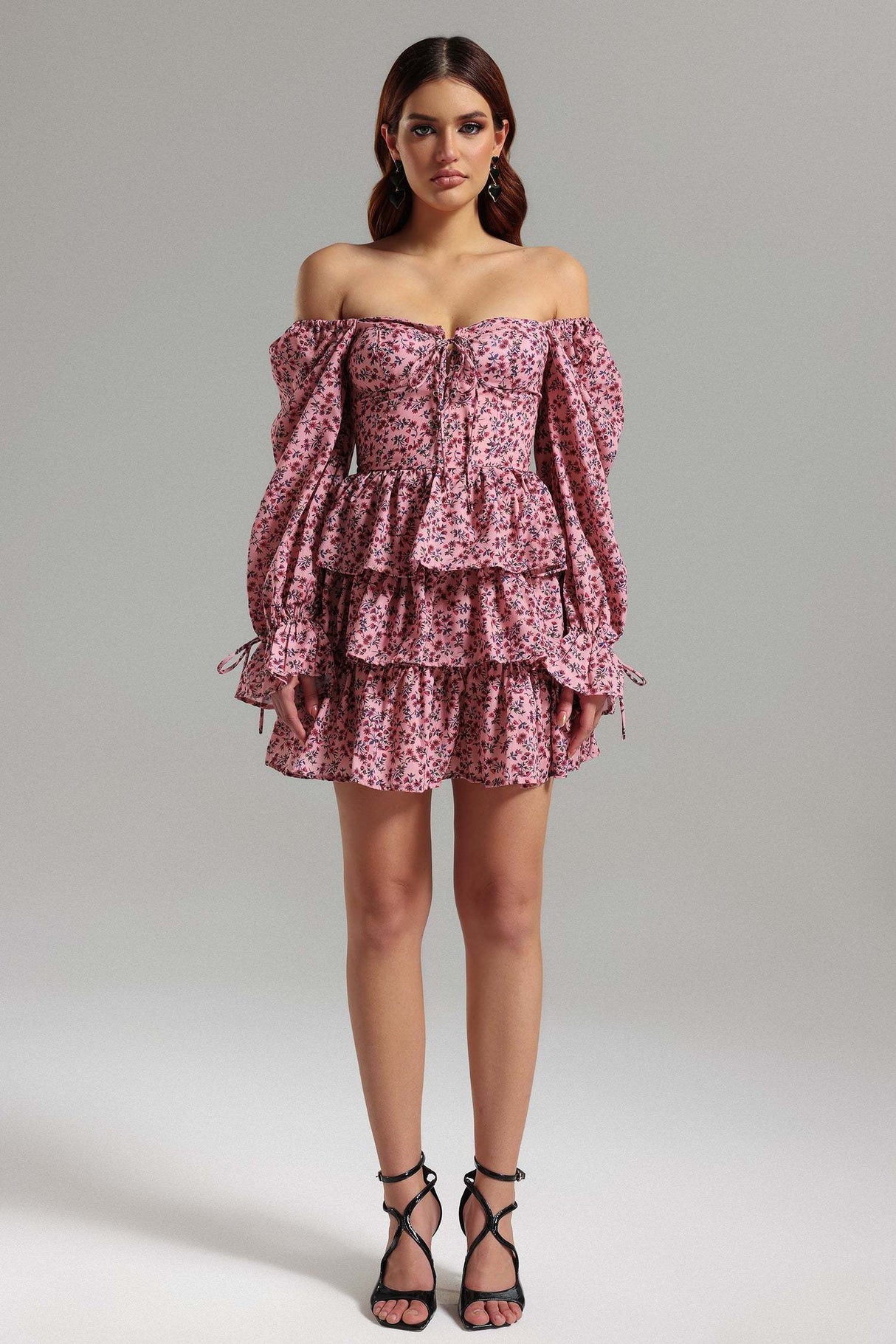 Lilah Pink Floral Tiered Mini Dress with Off-the-Shoulder Neckline and Voluminous Sleeves