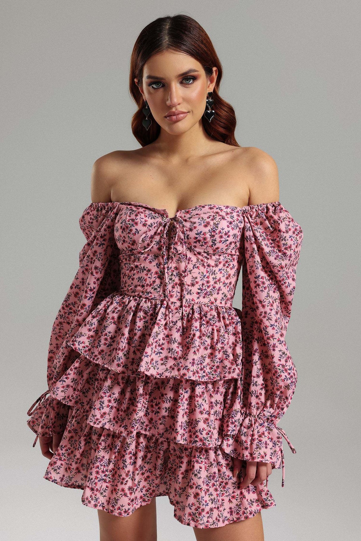 Lilah Pink Floral Tiered Mini Dress with Off-the-Shoulder Neckline and Voluminous Sleeves