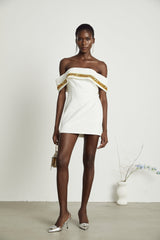 Lilah Sequin Mini Dress Off The Shoulder White Gold Mini Length