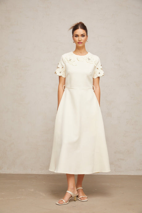 Lillian Floral Appliqué Bead Embellishment Midi Dress
