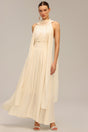 Lily Beige Backless Sleeveless Draped Neckline Dress with Folds and Streamer Accents for Special Occasions