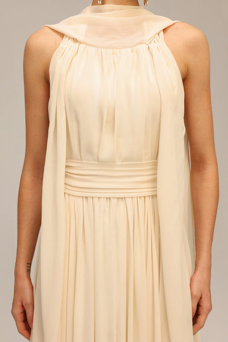 Lily Beige Backless Sleeveless Draped Neckline Dress