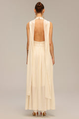 Lily Beige Backless Sleeveless Draped Neckline Dress