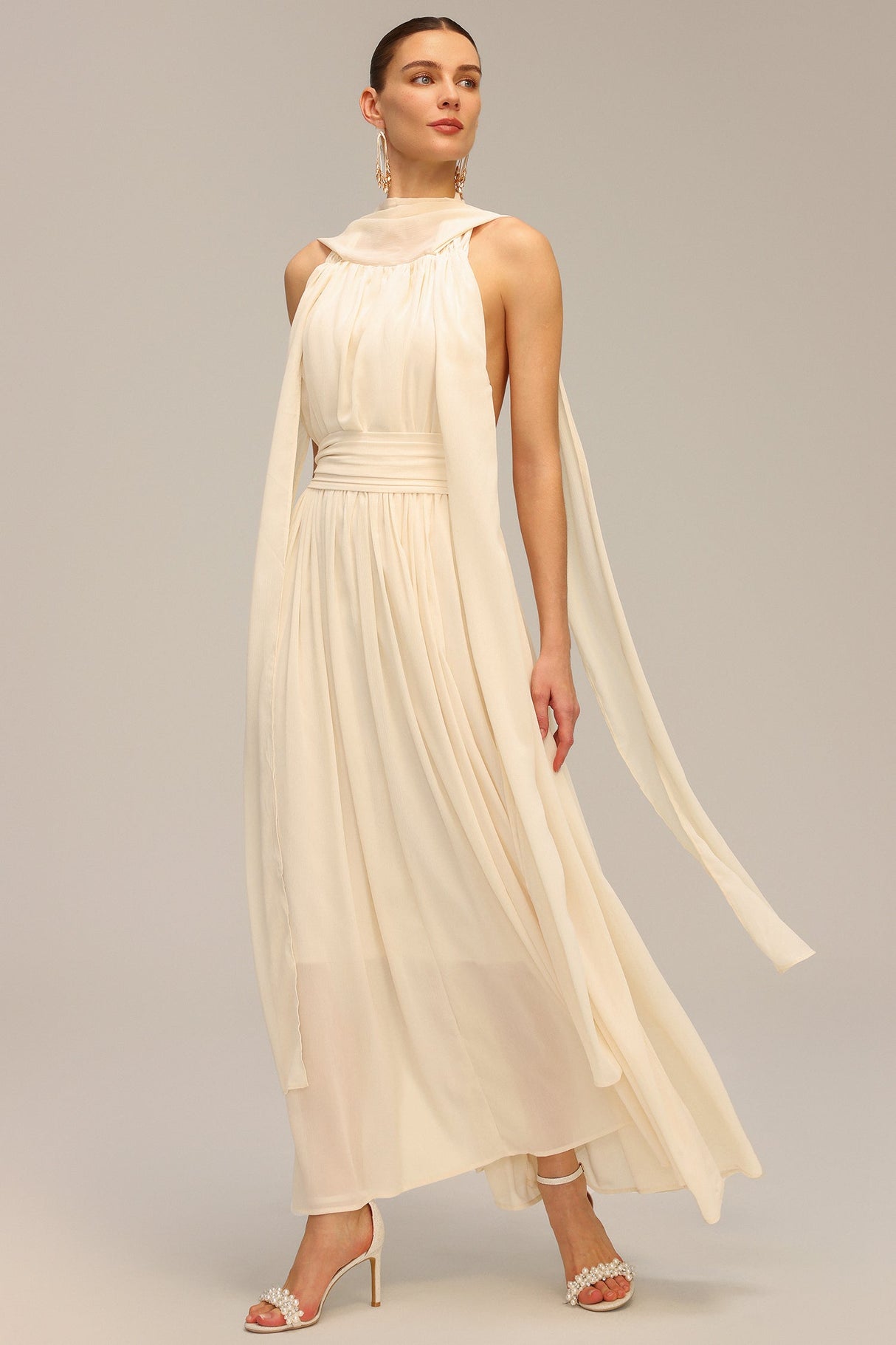 Lily Beige Backless Sleeveless Draped Neckline Ethereal Dress