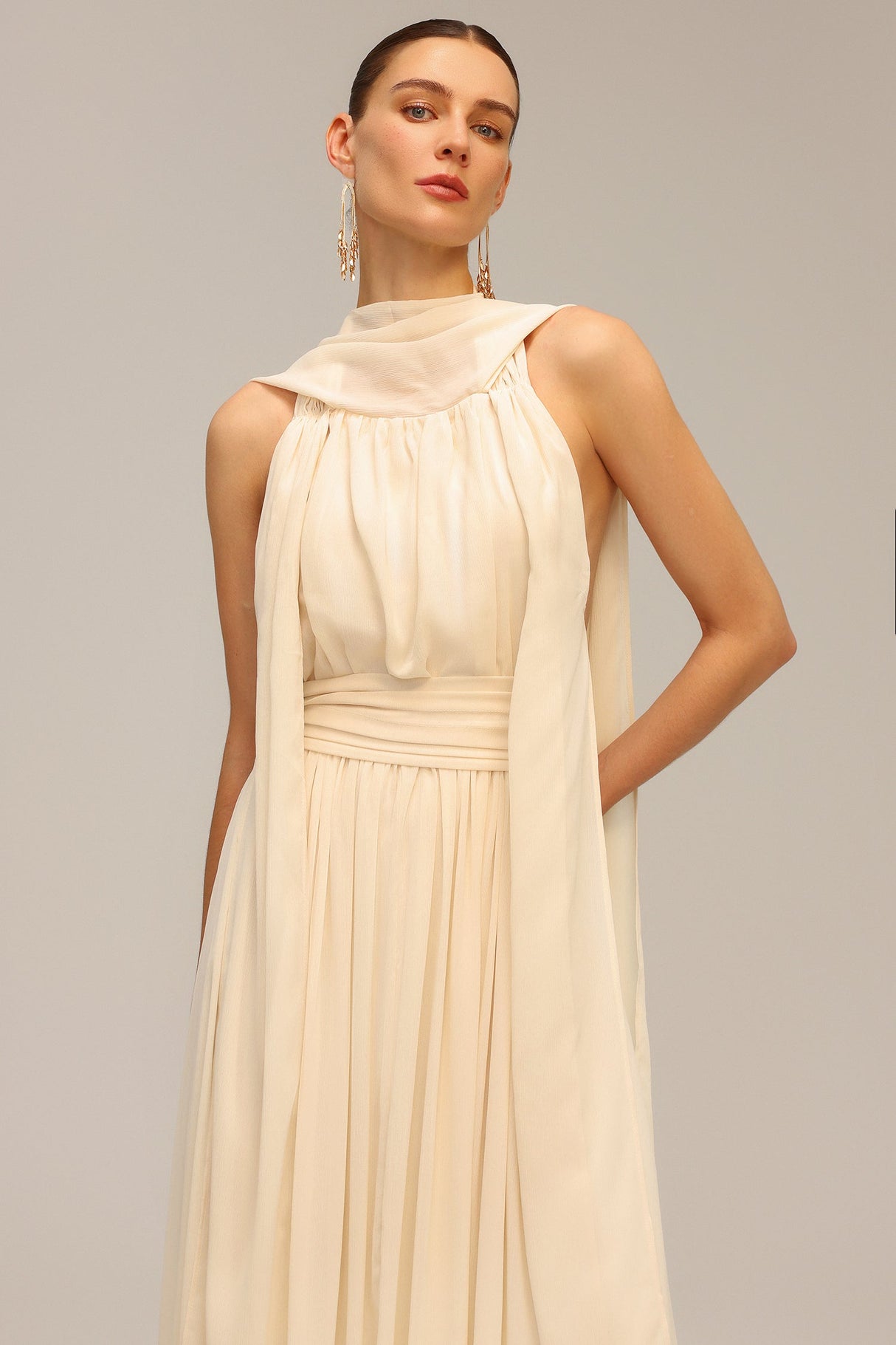 Lily Beige Backless Sleeveless Draped Neckline Dress with Streamer Accents