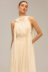 Lily Beige Backless Sleeveless Draped Neckline Dress with Streamer Accents