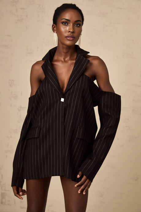 Lily Blazer Black Striped Open Back Peaked