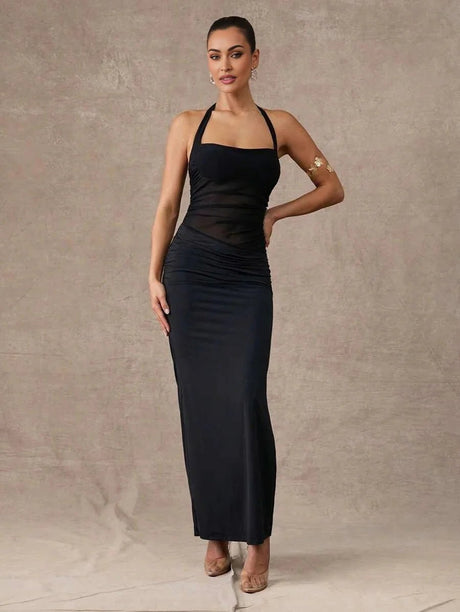 Lily Maxi Dress - Slim Fit - High Stretch Fabric - Pencil Hem Shape - Backless, Ruched, Split Thigh - Knit Material - Halter Neckline