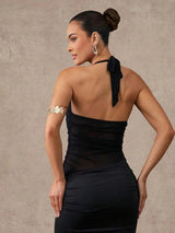 Lily Maxi Dress - Slim Fit - High Stretch Fabric - Pencil Hem Shape - Backless, Ruched, Split Thigh - Knit Material - Halter Neckline