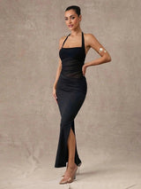 Lily Maxi Dress - Slim Fit - High Stretch Fabric - Pencil Hem Shape - Backless, Ruched, Split Thigh - Knit Material - Halter Neckline