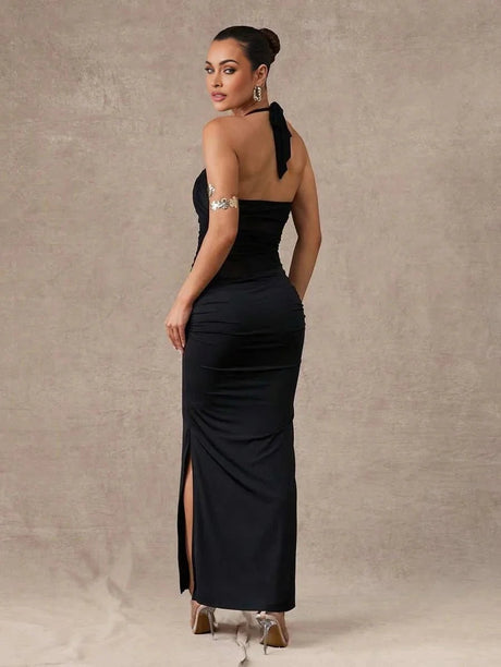 Lily Maxi Dress - Slim Fit - High Stretch Fabric - Pencil Hem Shape - Backless, Ruched, Split Thigh - Knit Material - Halter Neckline