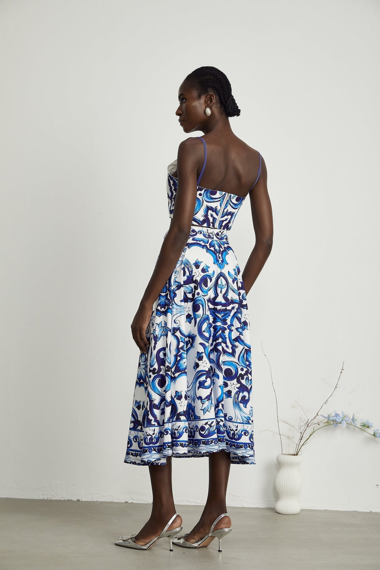 Lily Skirt & Top Set Blue & White Graphic Printed with Gold Accents