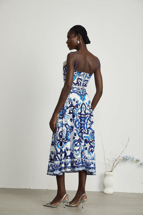 Lily Skirt & Top Set Blue & White Graphic Printed with Gold Accents