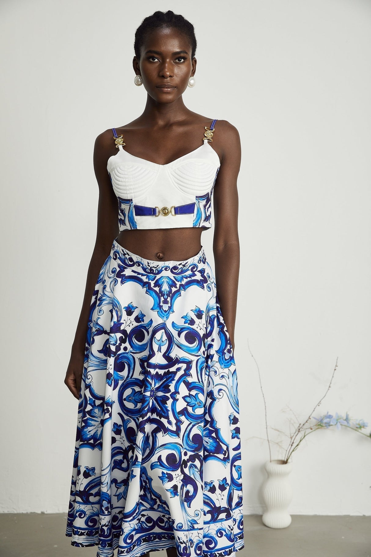 Lily Skirt & Top Set Blue & White Graphic Printed with Gold Accents