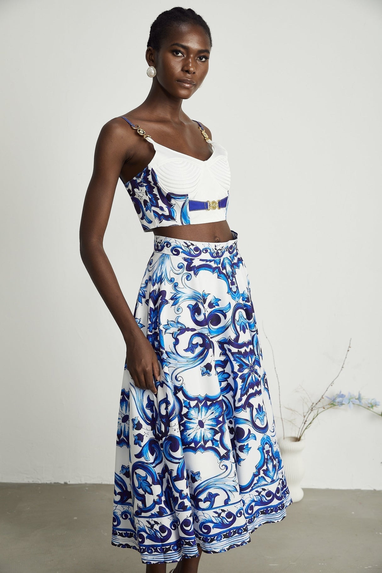 Lily Skirt & Top Set Blue & White Graphic Printed with Gold Accents