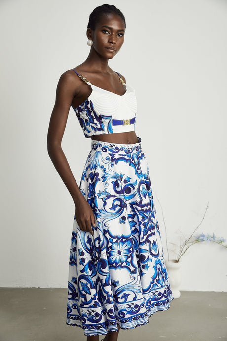 Lily Skirt & Top Set Blue & White Graphic Printed with Gold Accents