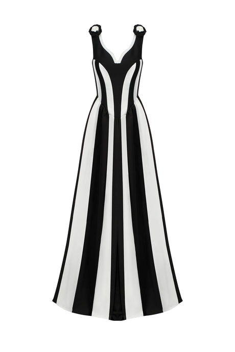 Lina Black Striped V-Neckline Sleeveless Dress