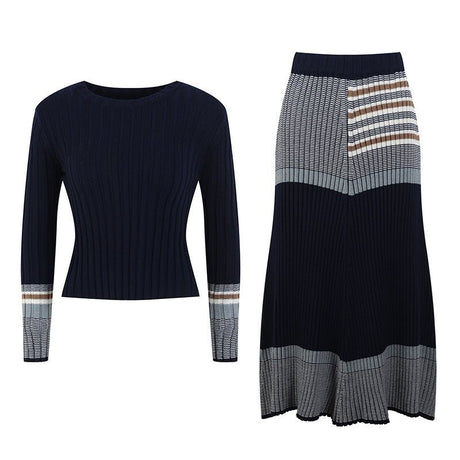 Lina Fitted Top and Flared Skirt Set - Ribbed Texture - Striped Sleeves - Skirt Sections